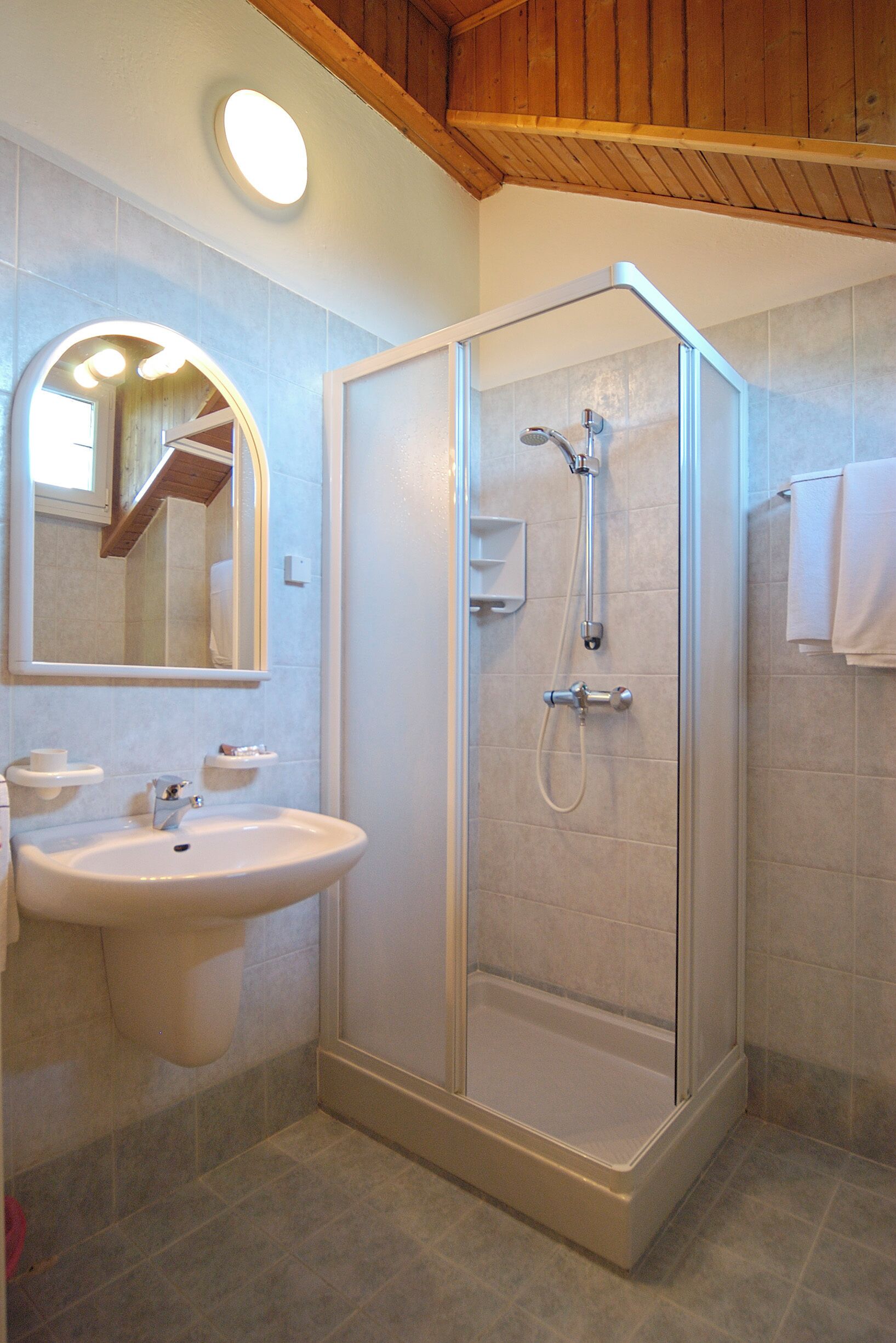 A modern bathroom with a glass-enclosed shower, a sink, and a mirror.