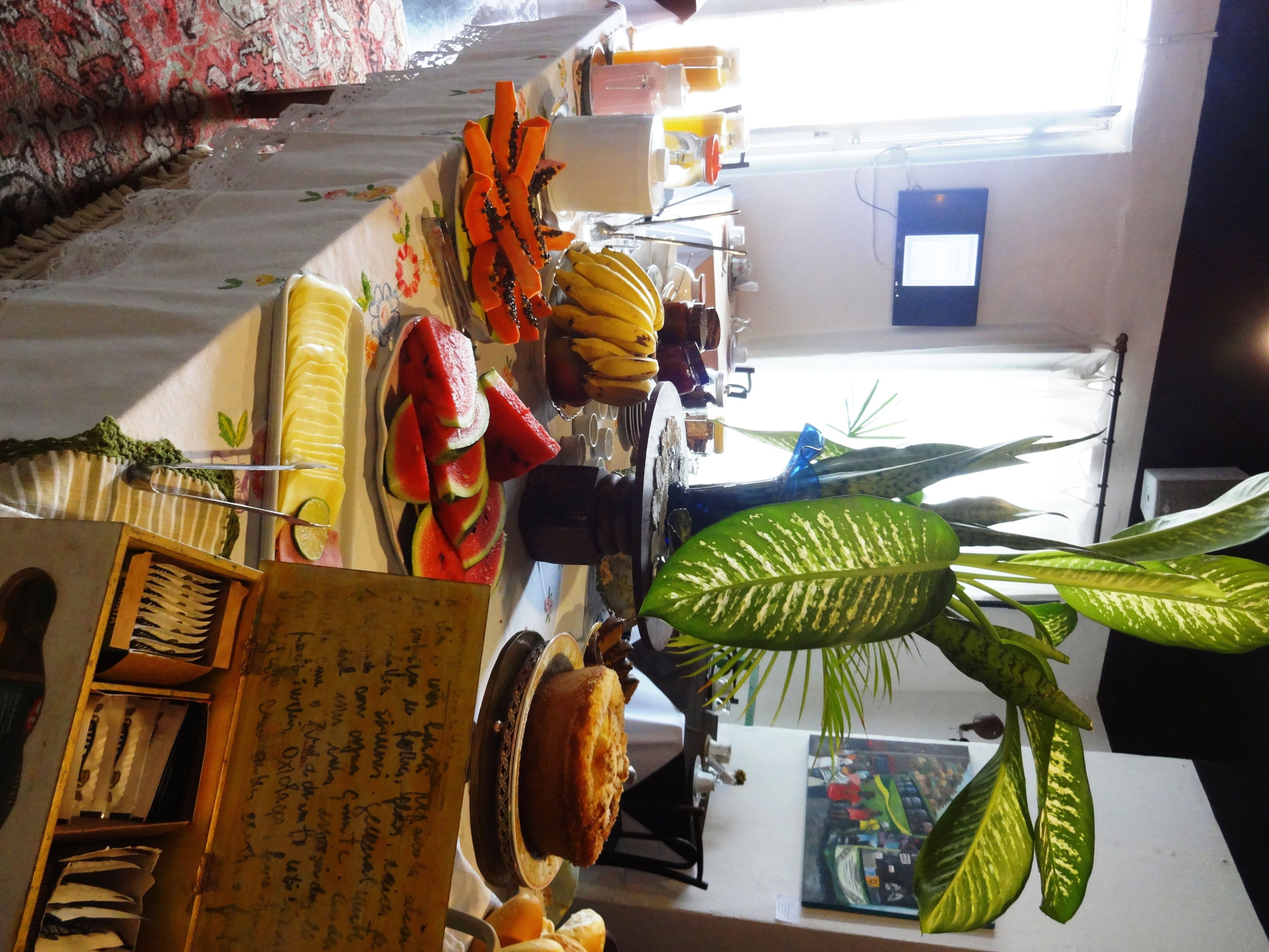 A kitchen area with a fruit display, a bread machine, and a window with a view.