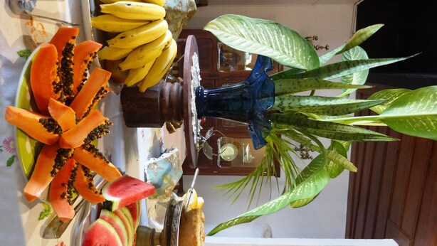 A dining table with a variety of fruits and a decorative blue vase. - Solar das Artes Pousada Boutique (Salvador)