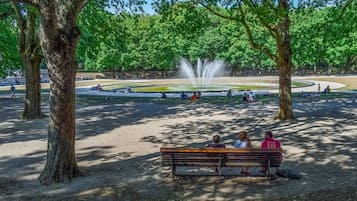 A park with a fountain, benches, and trees.