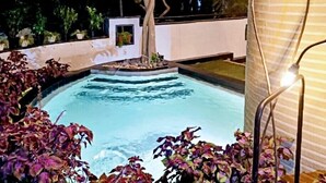 Piscina rodeada por plantas e uma árvore, com um poste de luz próximo.