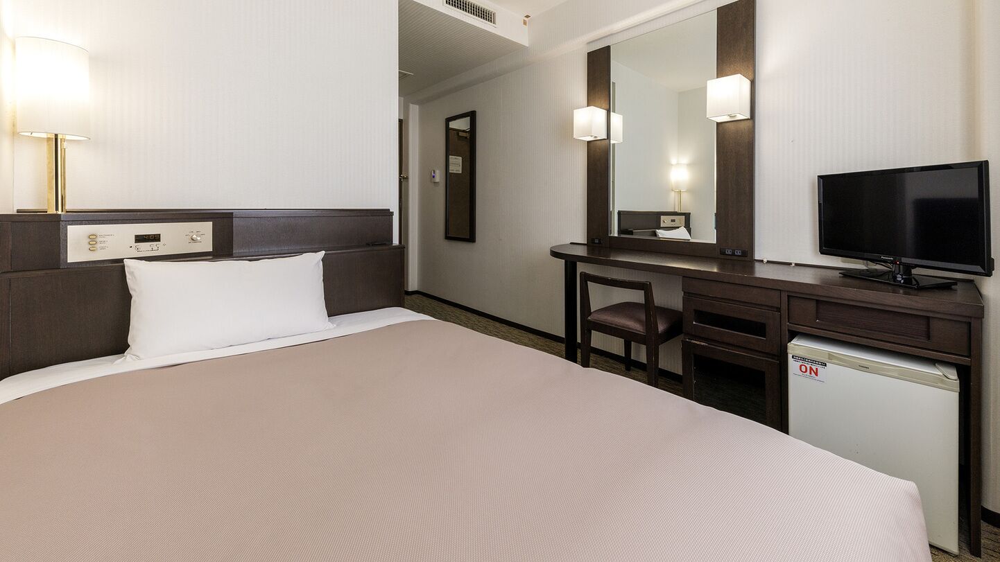 A hotel room with a bed, a desk, a television, and a mirror.