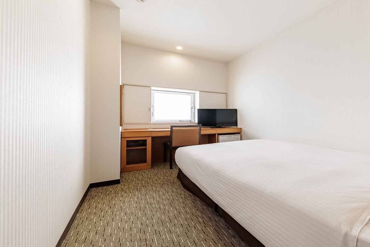 A hotel room with a bed, a desk with a television, and a window.