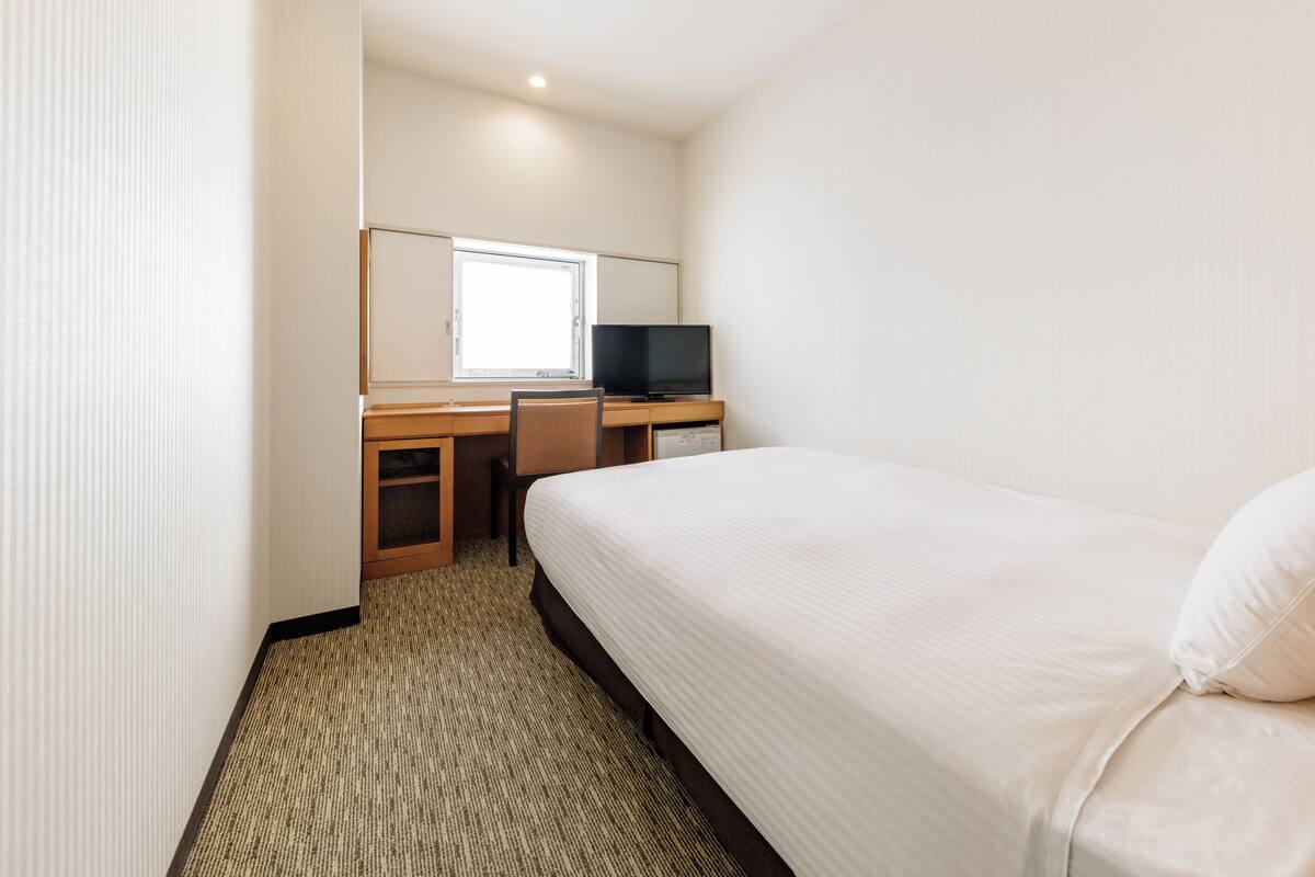 A hotel room with a bed, a desk with a television, and a window.