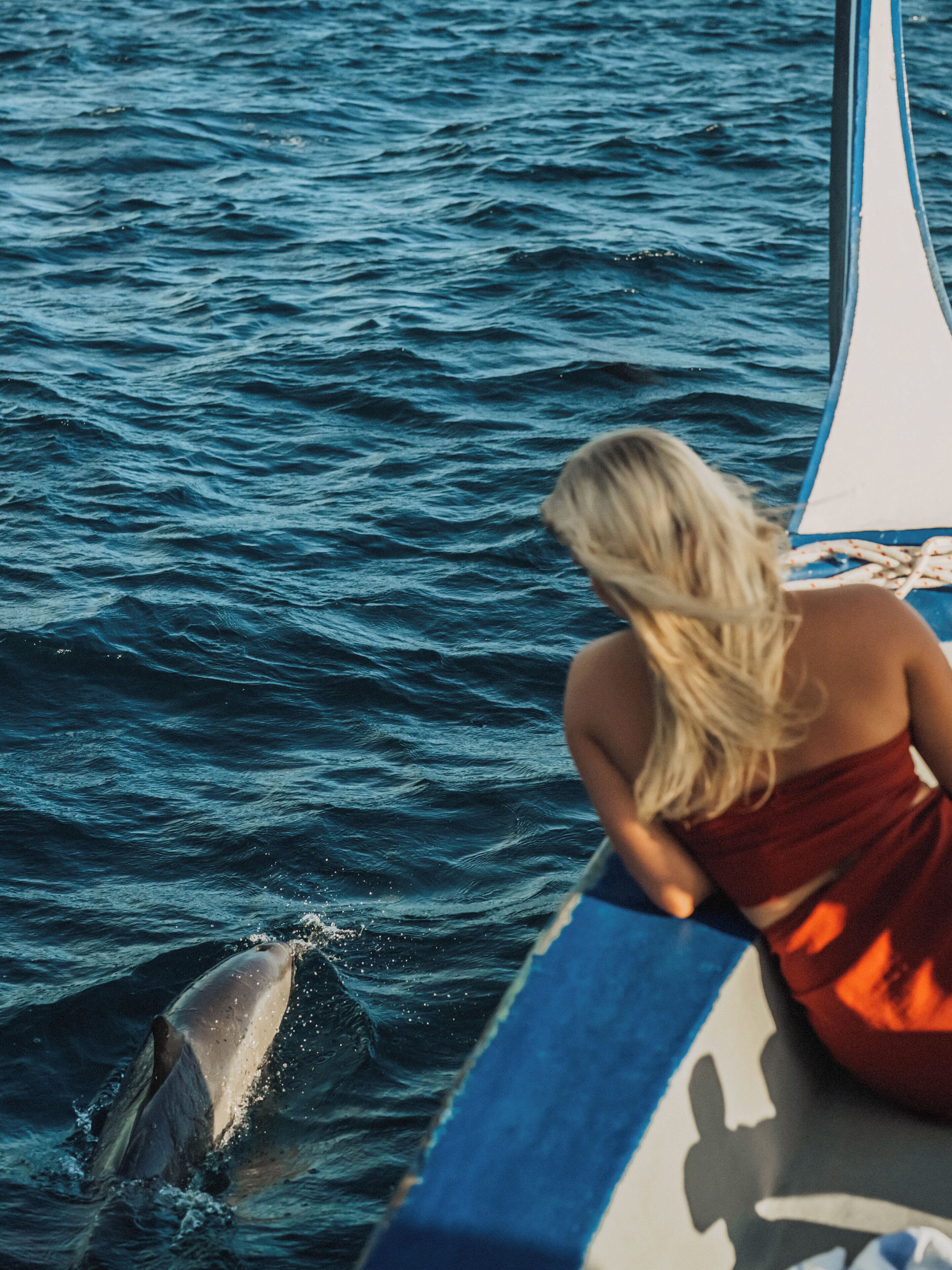 A person on a boat with a dolphin in the water.