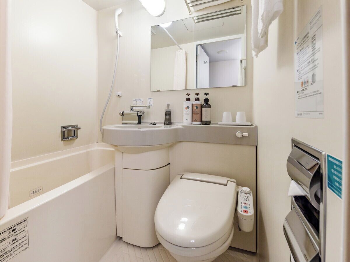 combined shower/bathtub, free toiletries, hair dryer, slippers