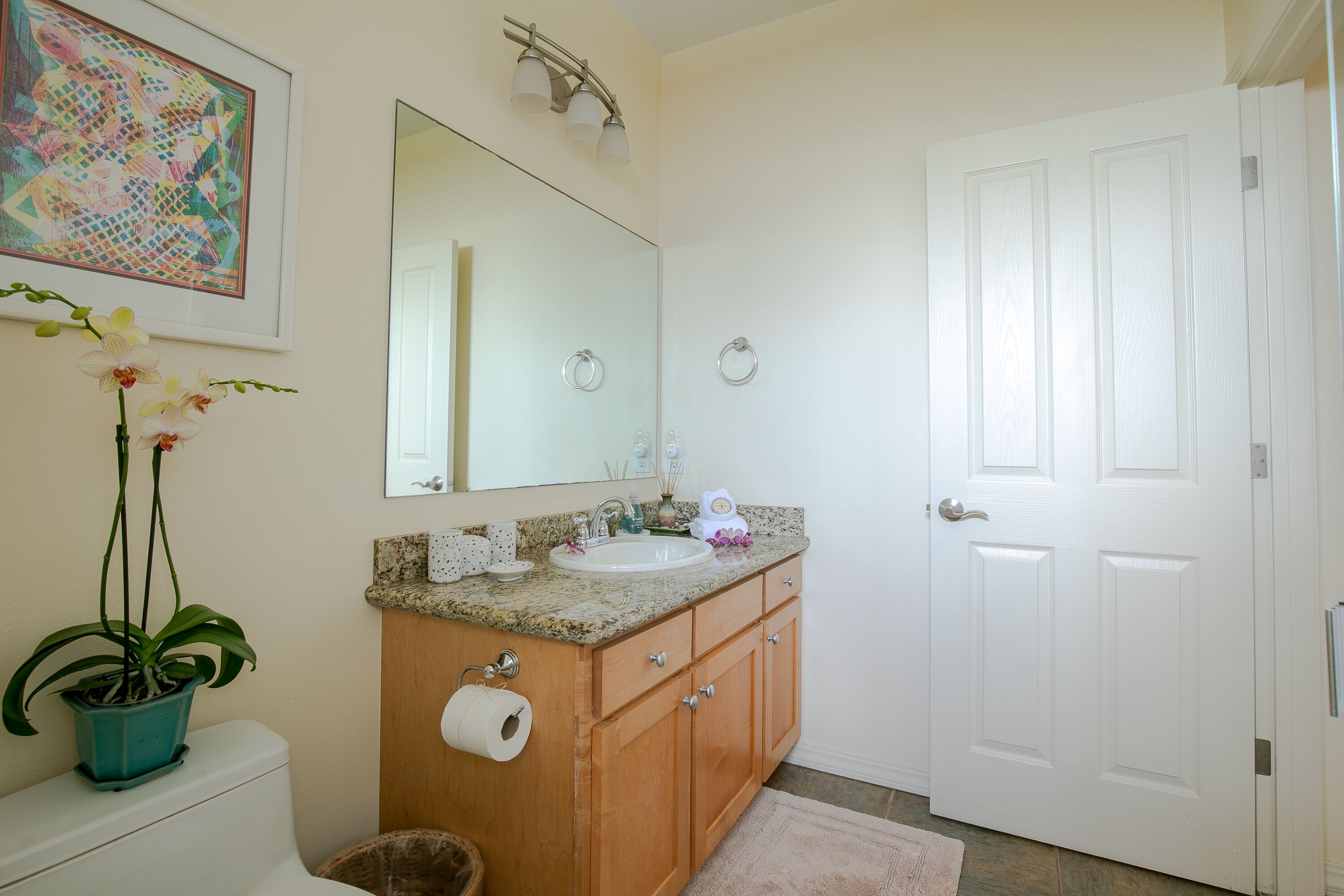 Une salle de bain équipée d’un lavabo, d’un miroir, de toilettes et d’une orchidée en pot.