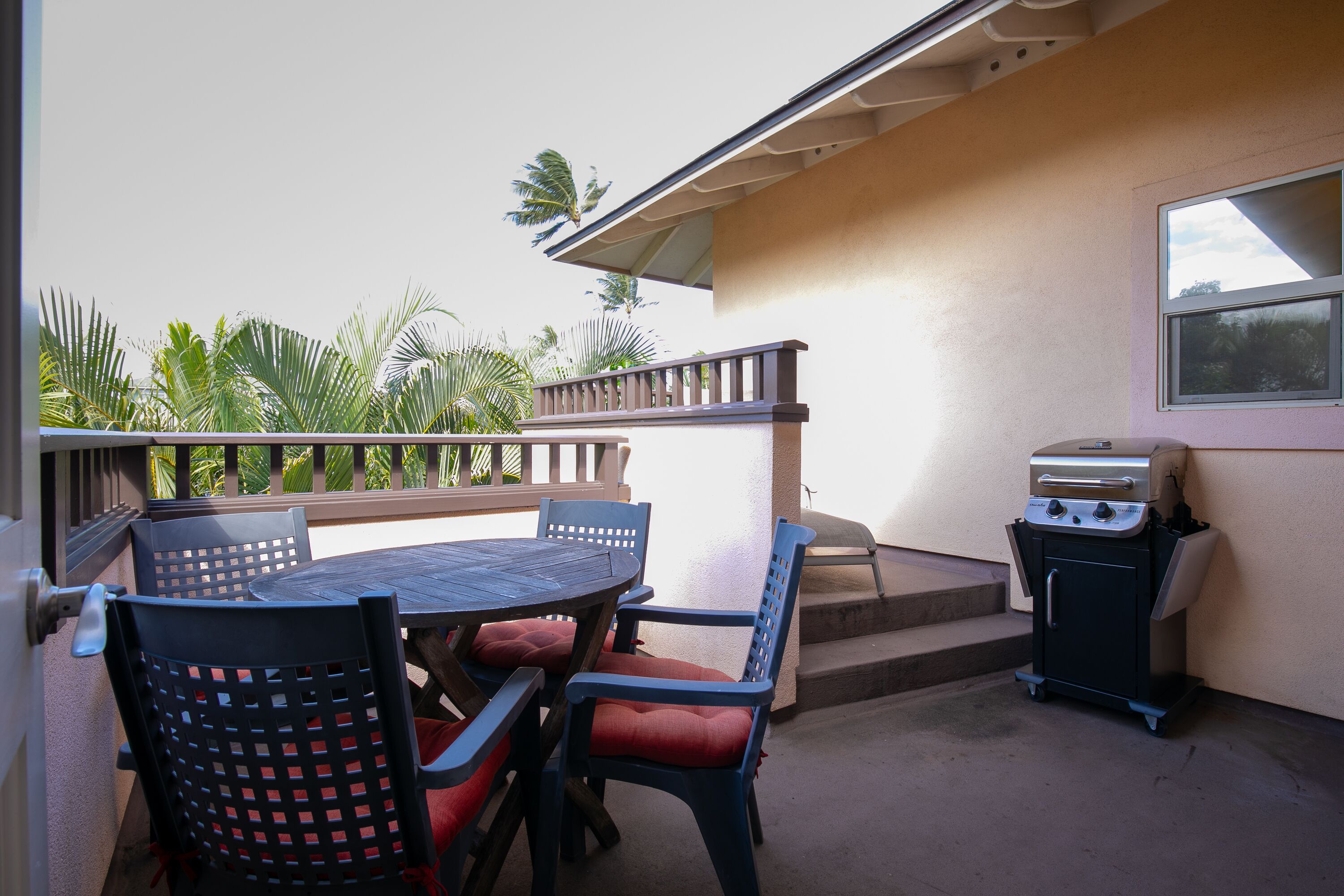 Une terrasse extérieure avec une table ronde et des chaises, un barbecue et une vue sur des palmiers.