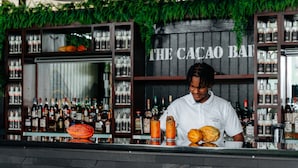 Un bar con estantes llenos de botellas y un letrero que dice 'THE CACAO BAR'.