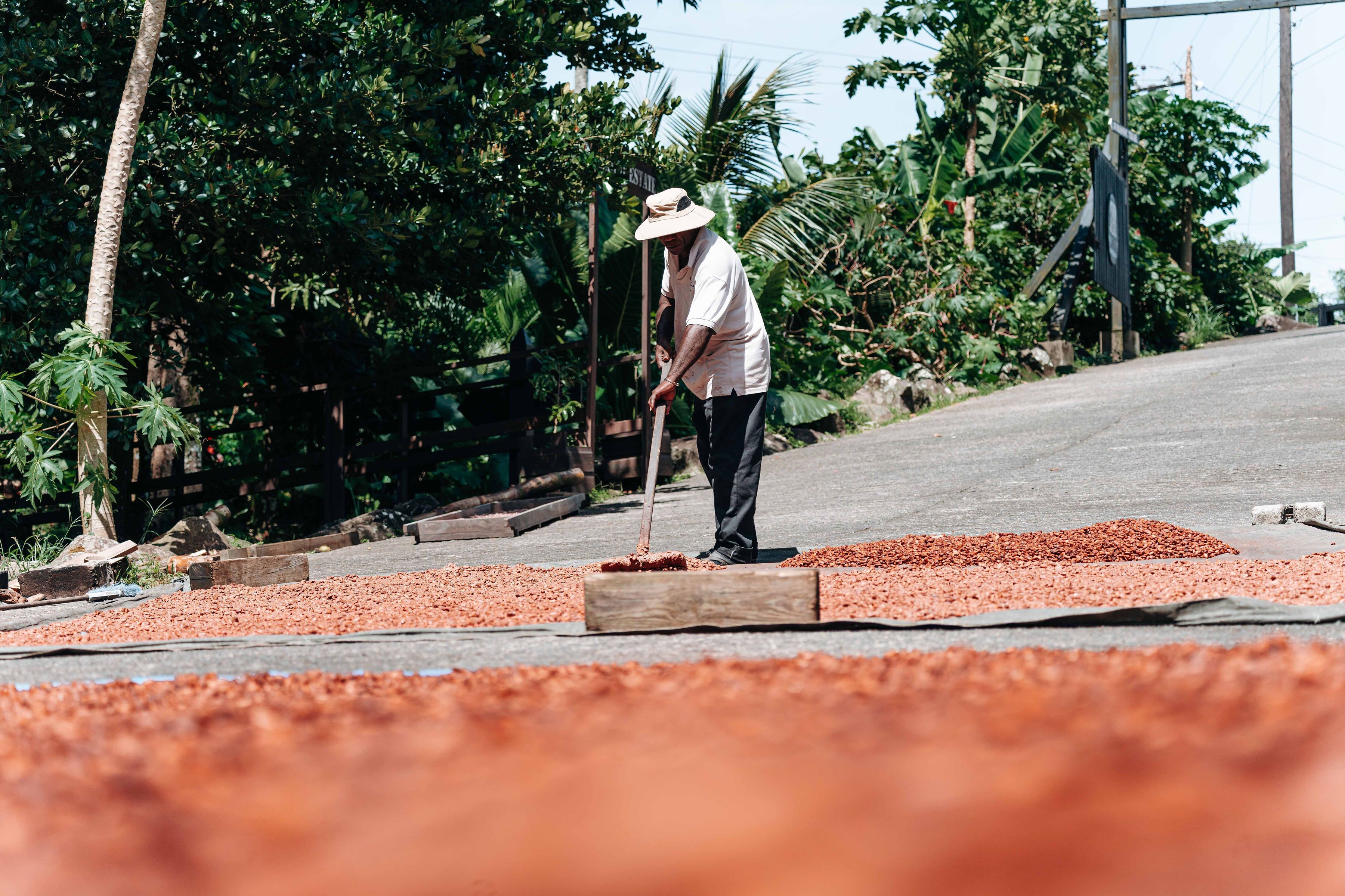 A person working with red material on a road, surrounded by greenery.