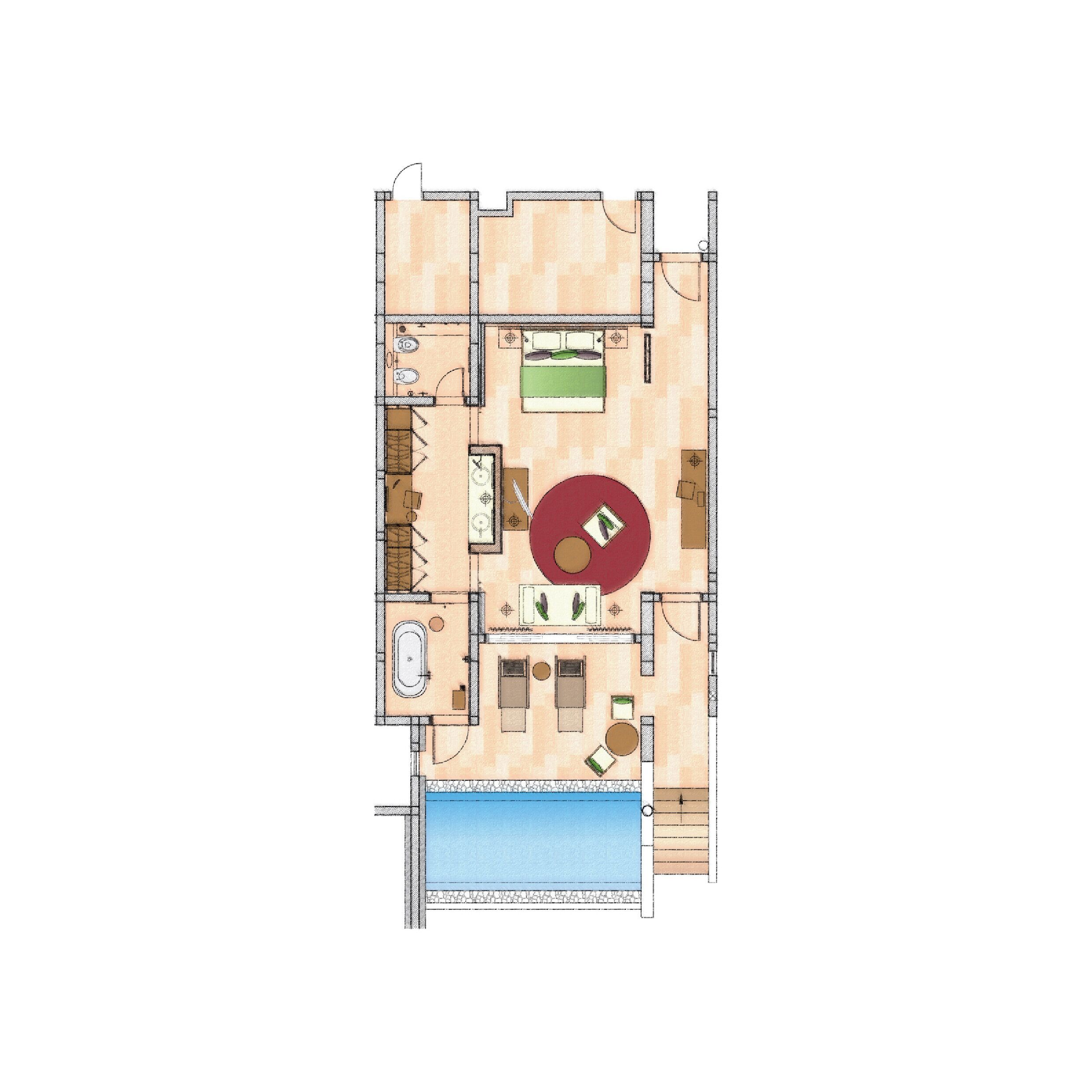 A floor plan of a hotel room with a pool, a dining area, a living room, and a bathroom.
