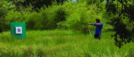 A person aiming at a target in a grassy area with dense foliage.