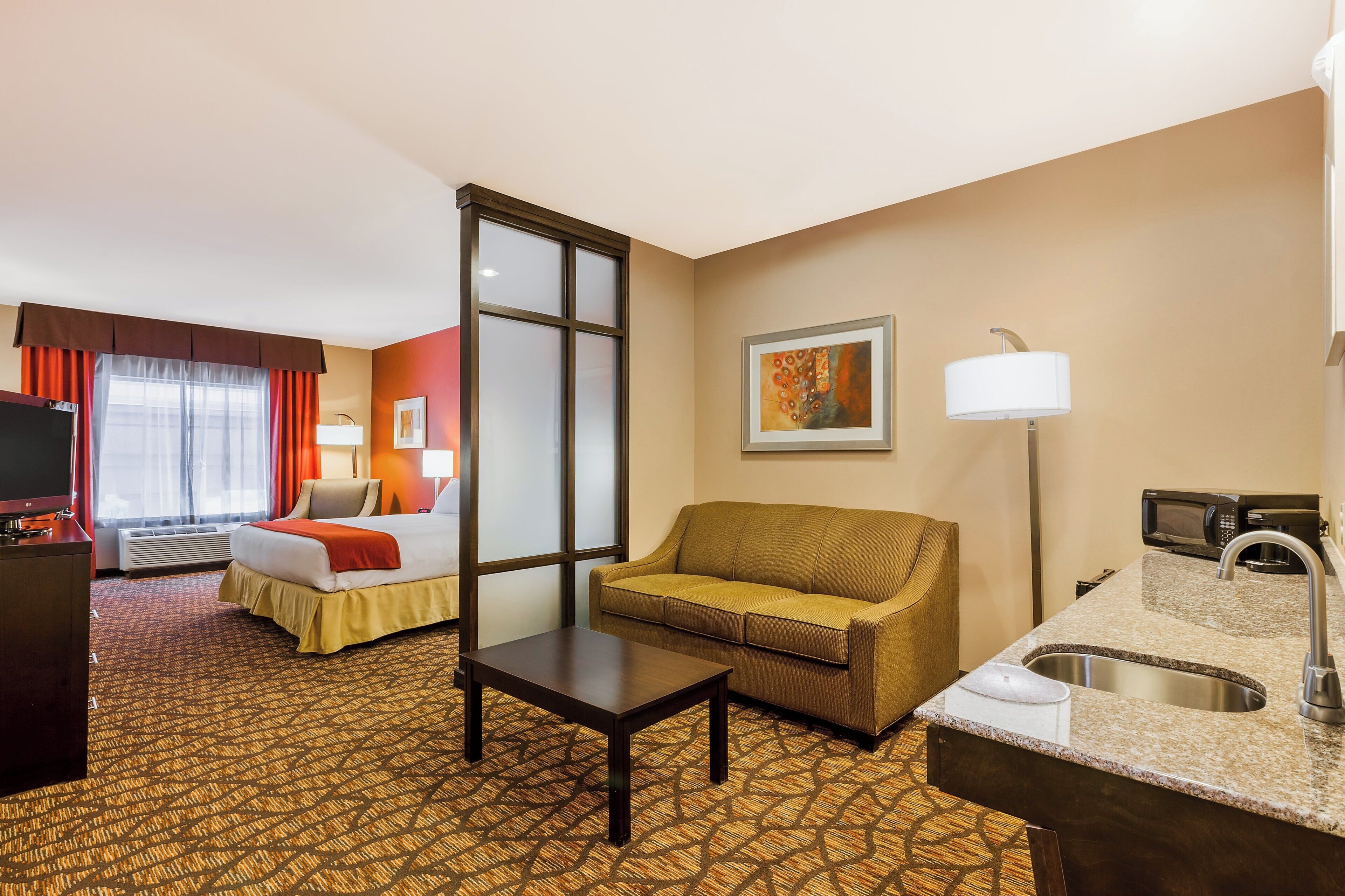 A hotel room with a bed, a sofa, a desk, a television, a microwave, and a sink.