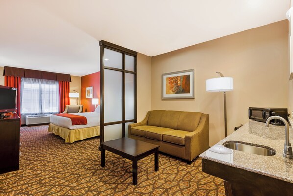 A hotel room with a bed, a sofa, a desk, a television, a microwave, and a sink.