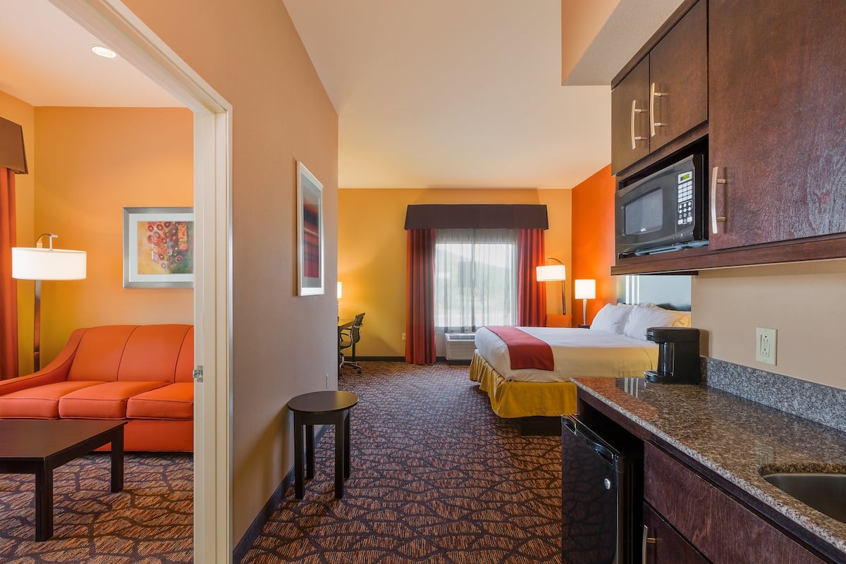 A hotel room with a bed, a desk, a chair, a sofa, a microwave, and a sink.