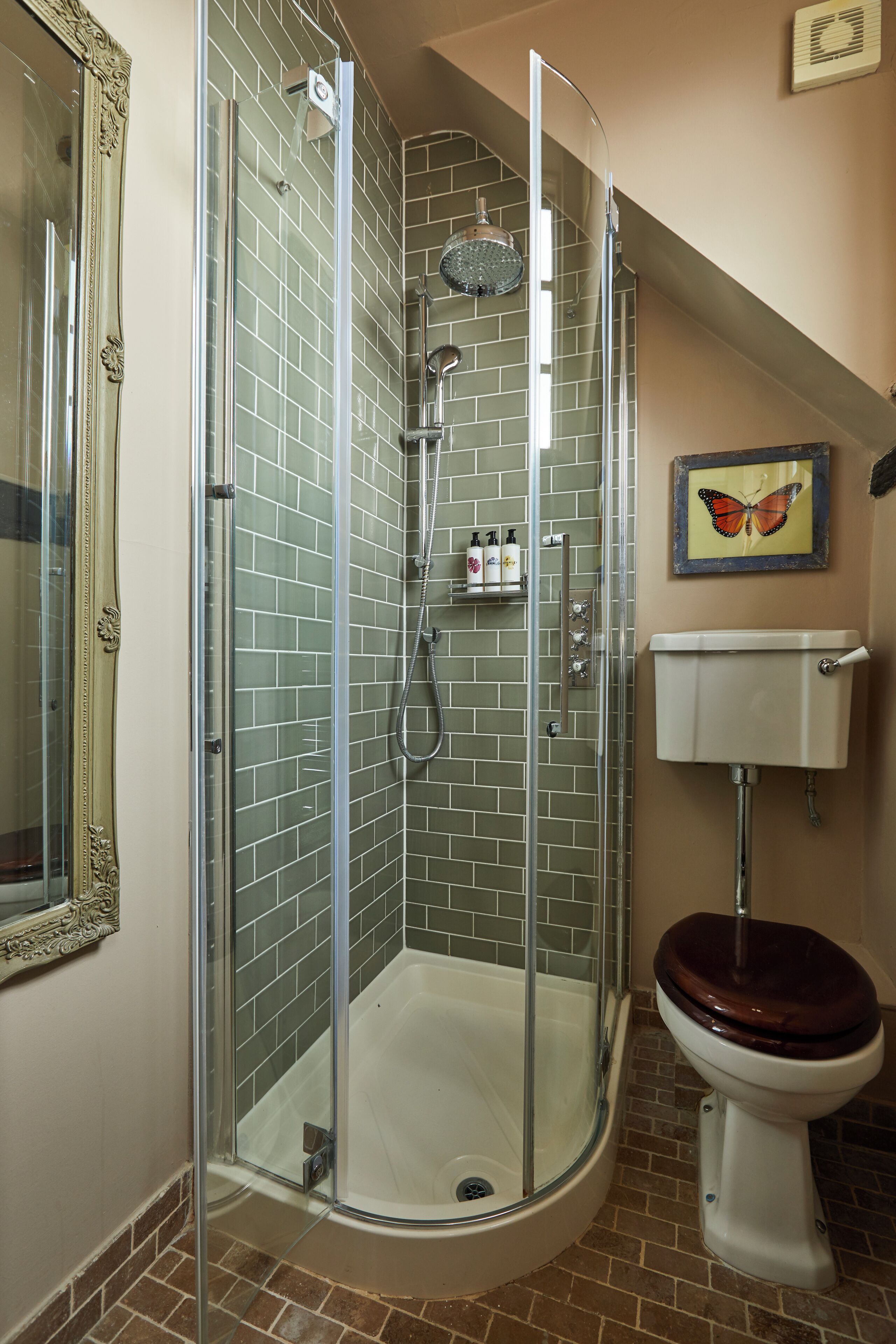 Een badkamer met een douche met glazen wand, een toilet en een lijst met een vlinder afbeelding.