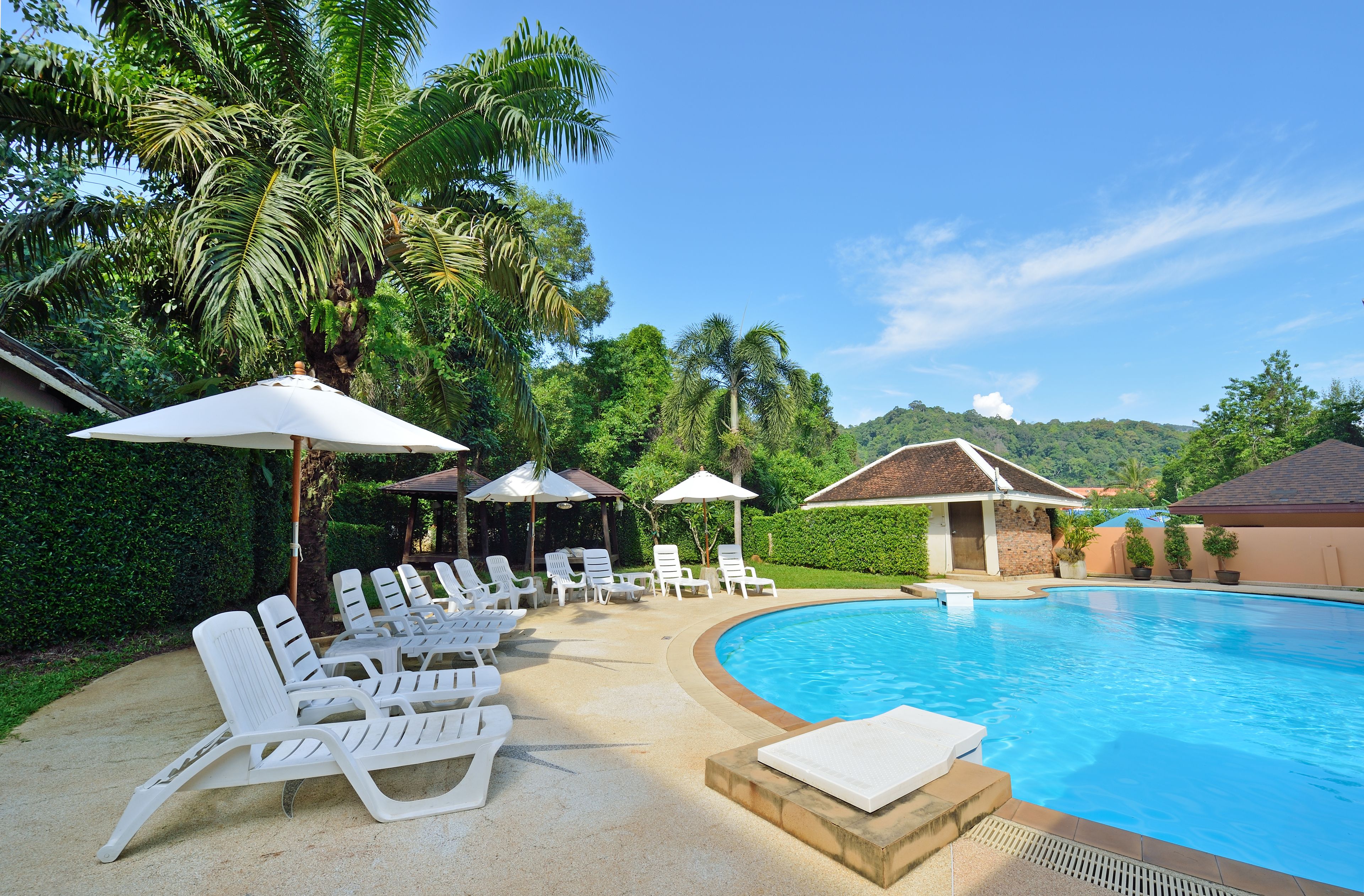A swimming pool with lounge chairs and umbrellas, surrounded by palm trees and a clear sky.