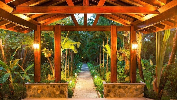 A wooden pergola structure with a stone pathway leading through lush tropical vegetation.