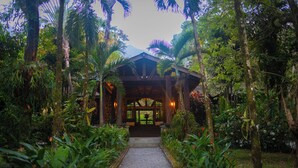 A pathway leading to a wooden structure surrounded by lush greenery and tropical plants.