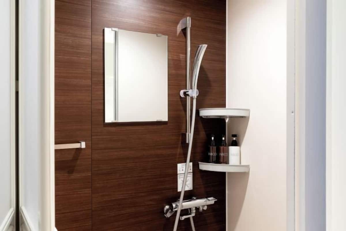 Shower, rainfall showerhead, free toiletries, hair dryer