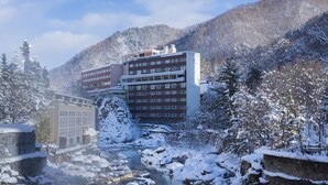 A hotel with multiple floors, a river in front, and snow-covered trees.