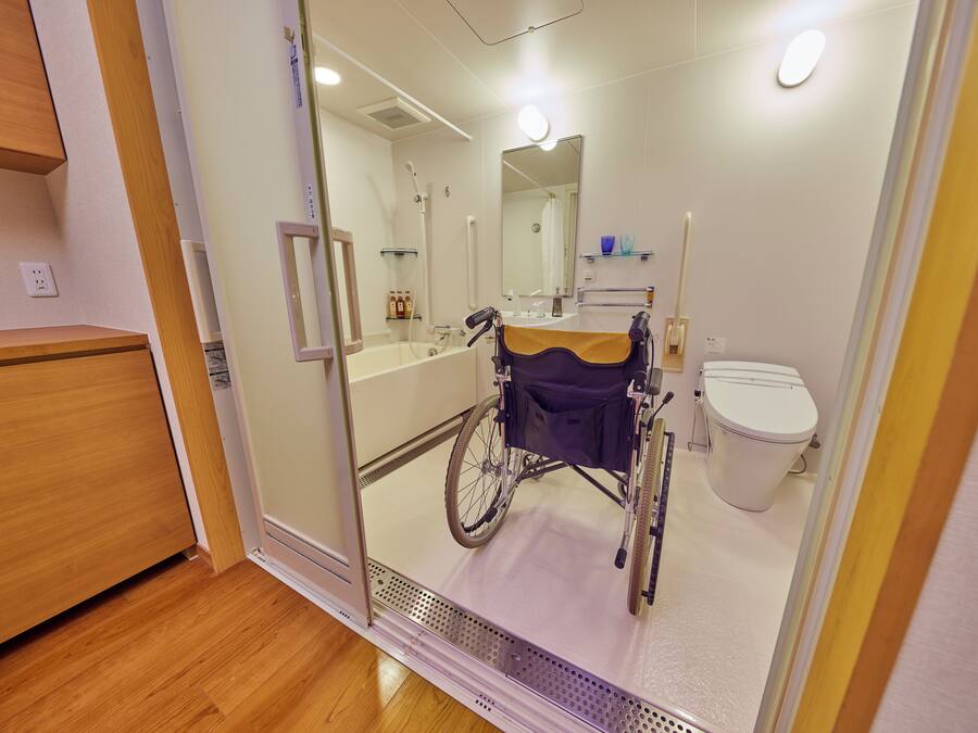 A wheelchair-accessible bathroom with a shower, toilet, and a mirror.