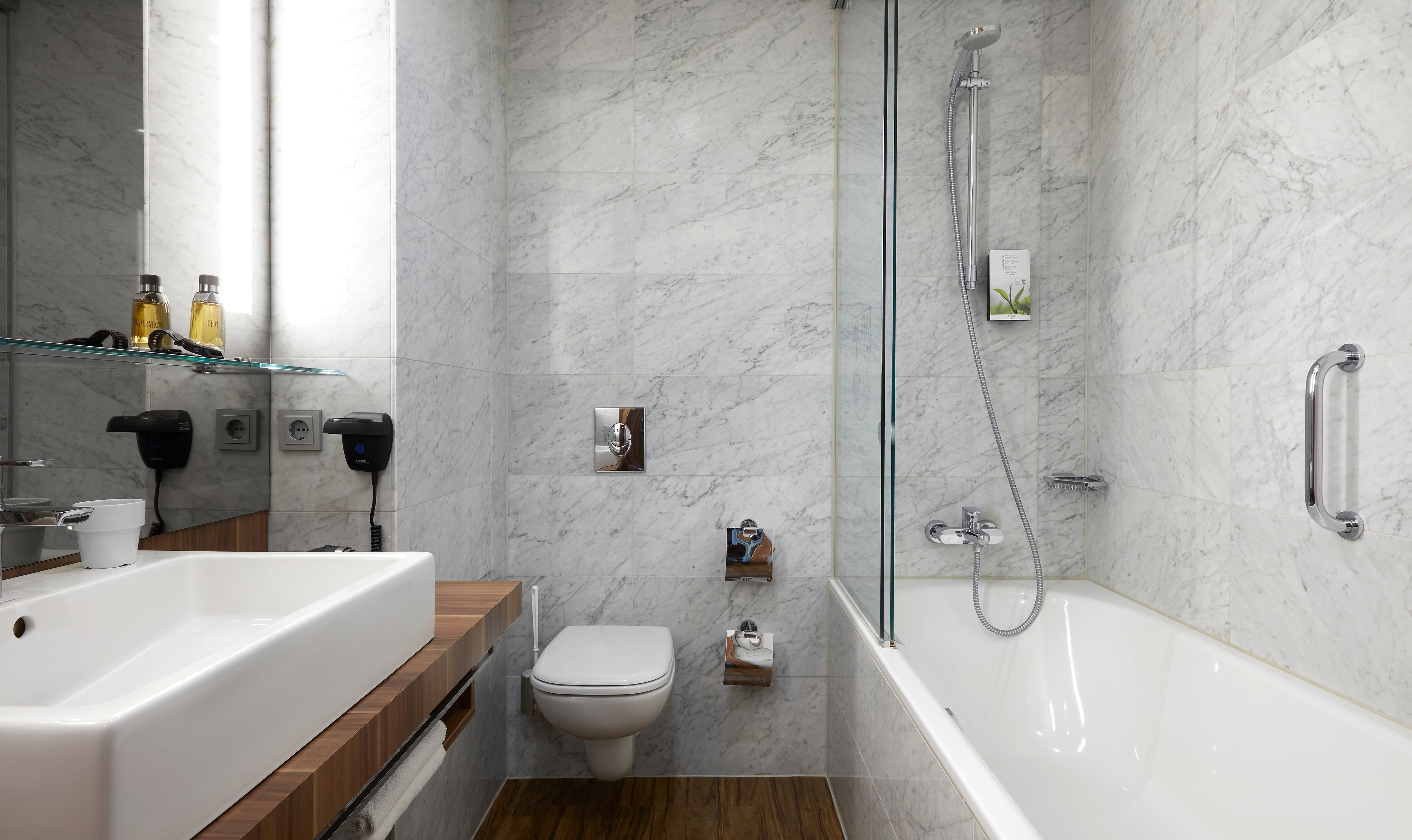 shower, eco-friendly toiletries, hair dryer, towels