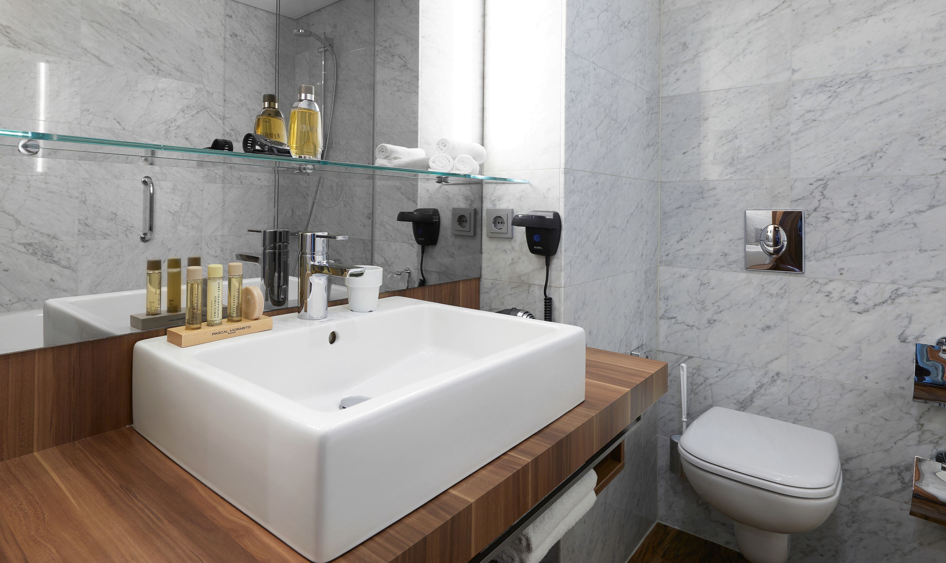 shower, eco-friendly toiletries, hair dryer, towels