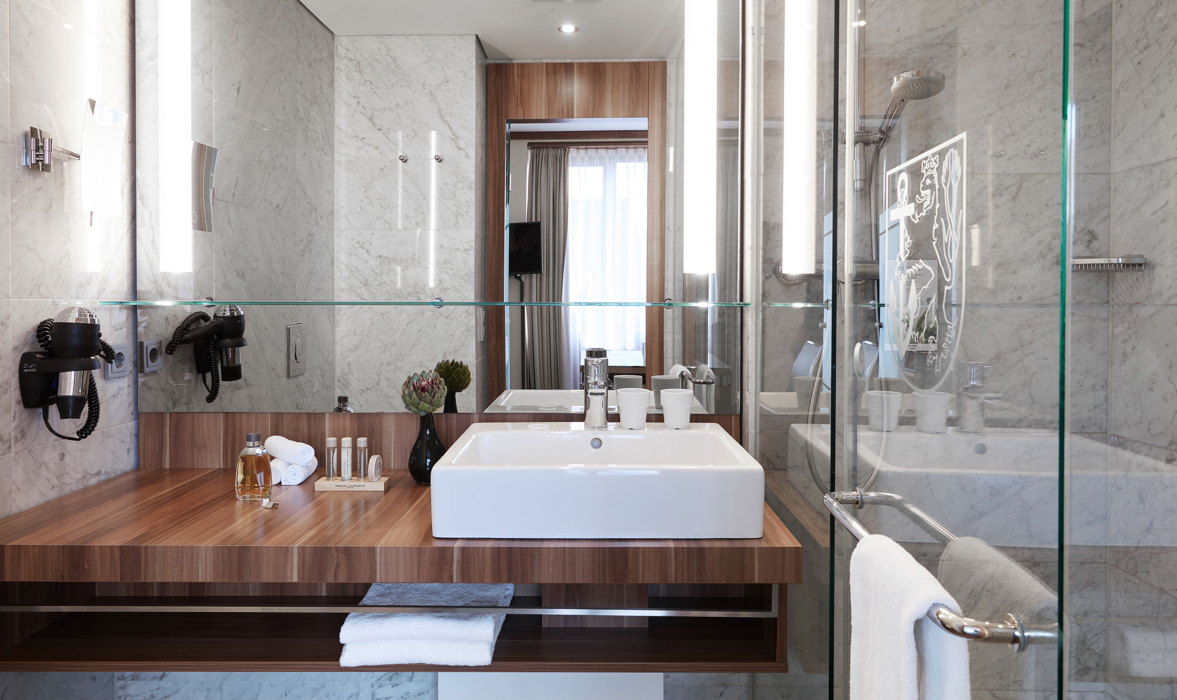 shower, eco-friendly toiletries, hair dryer, towels