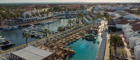 Outdoor pool, pool umbrellas, pool loungers