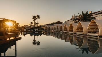 Outdoor pool, pool umbrellas, pool loungers