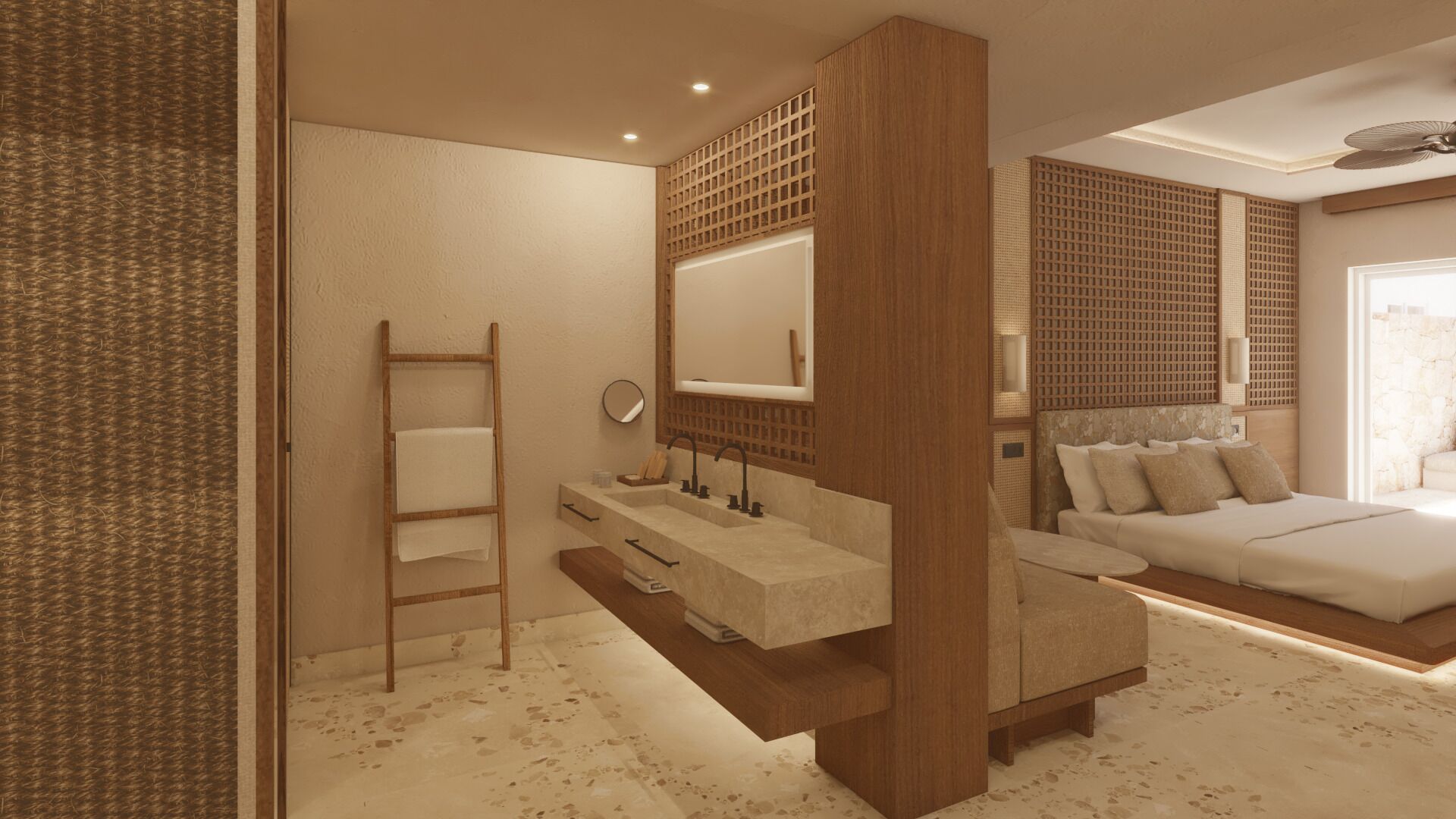 A modern bathroom with a freestanding sink, a mirror, and a wooden ladder.