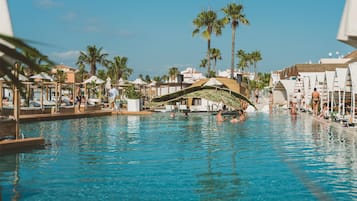 Outdoor pool, pool umbrellas, pool loungers