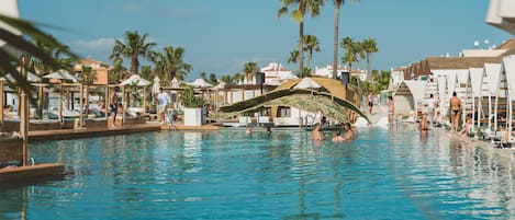 Outdoor pool, pool umbrellas, pool loungers