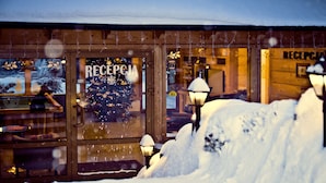 A hotel reception with a Christmas tree and snow outside. - Pensjonat Tatry (Koscielisko)