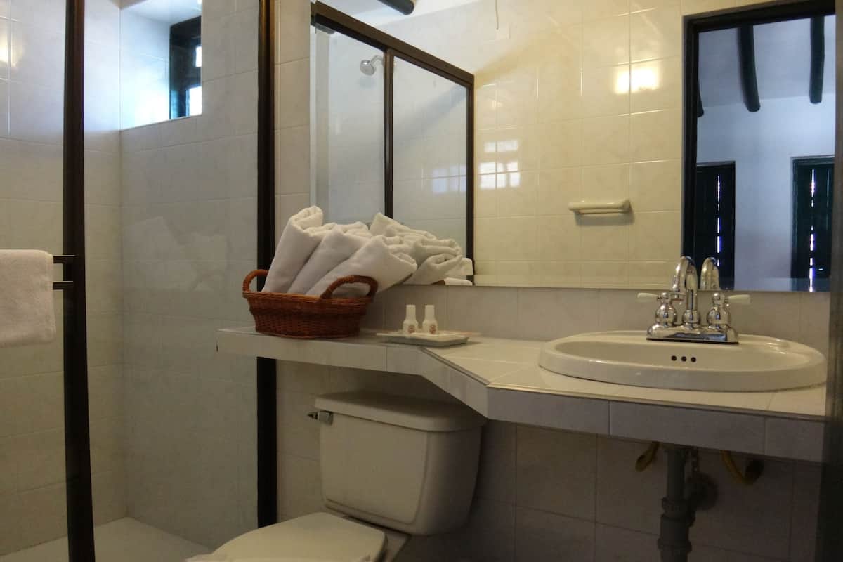 shower, rainfall showerhead, free toiletries, towels