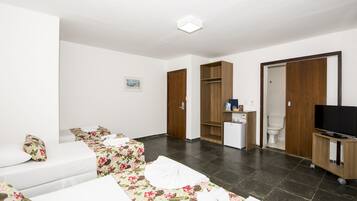 Una habitación de hotel con cama, sofá, televisión, armario y baño.