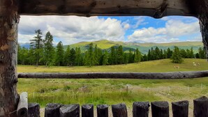 A wooden structure with a view of a grassy field, trees, and distant mountains. -  JUFA Hotel Hochrindl (Albeck)