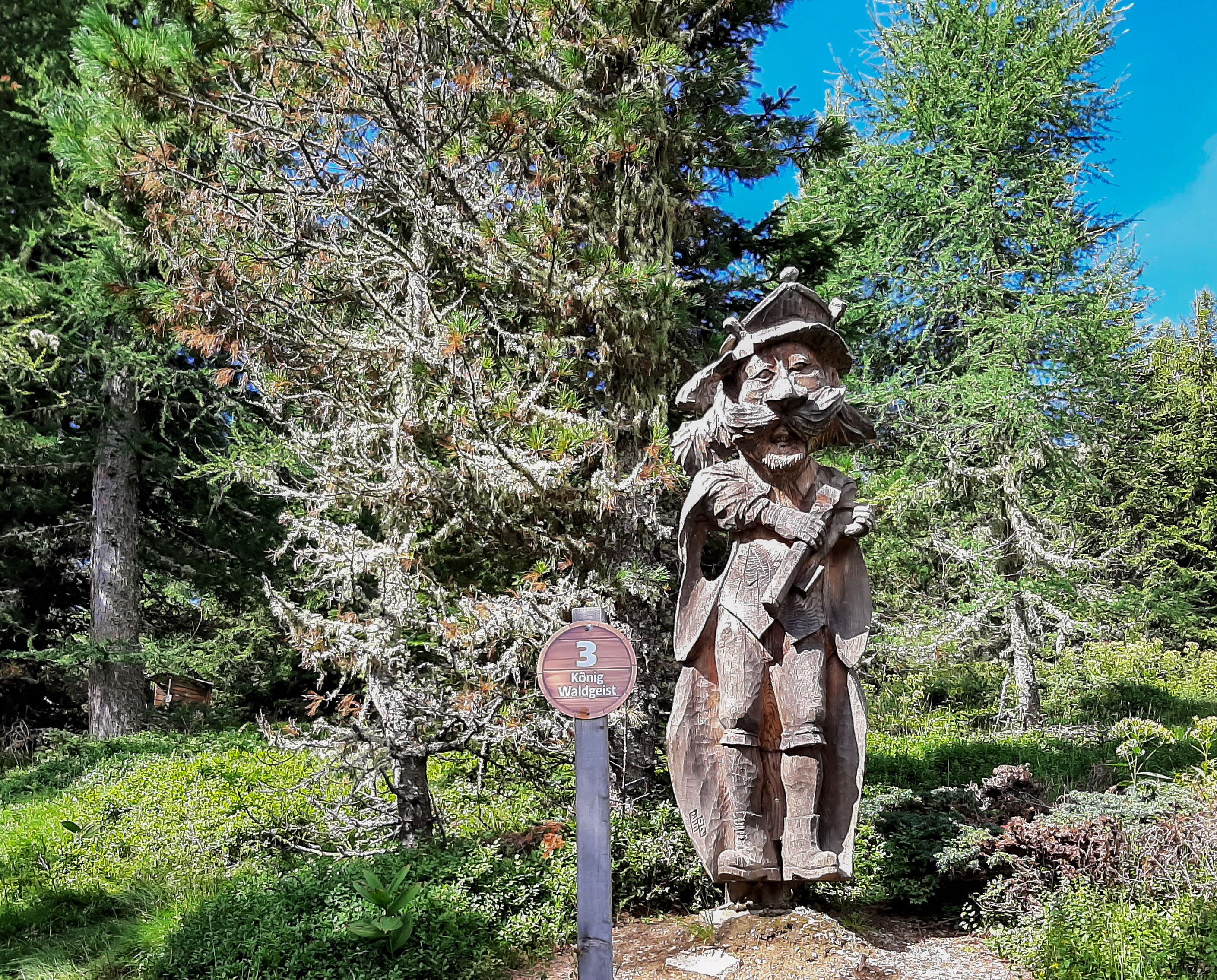 Une statue en bois représentant un homme tenant un fusil, placée à côté d’un panneau sur lequel on peut lire « König Waldgeist ».