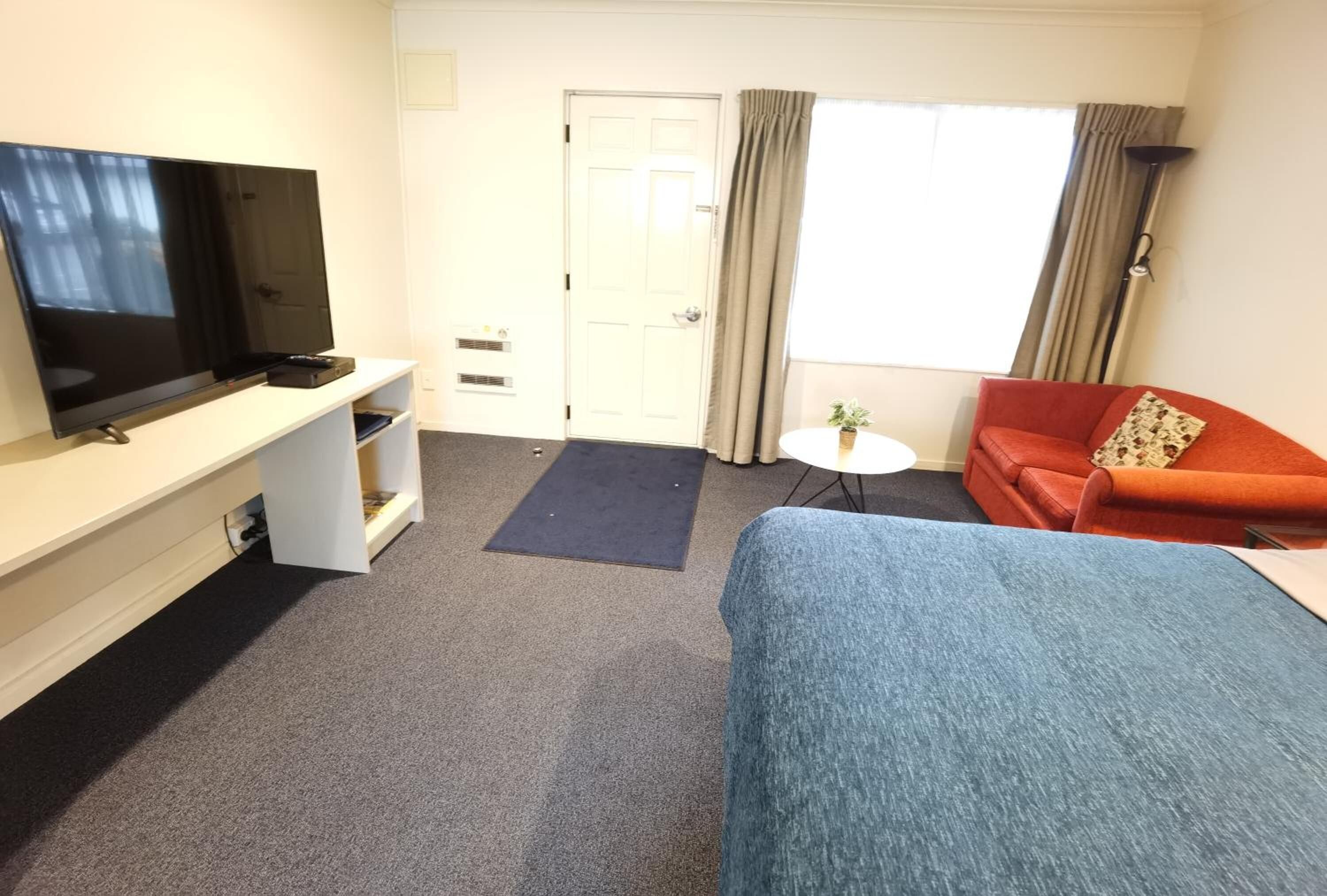 A hotel room with a bed, a sofa, a television, a small table with a plant, and a door.