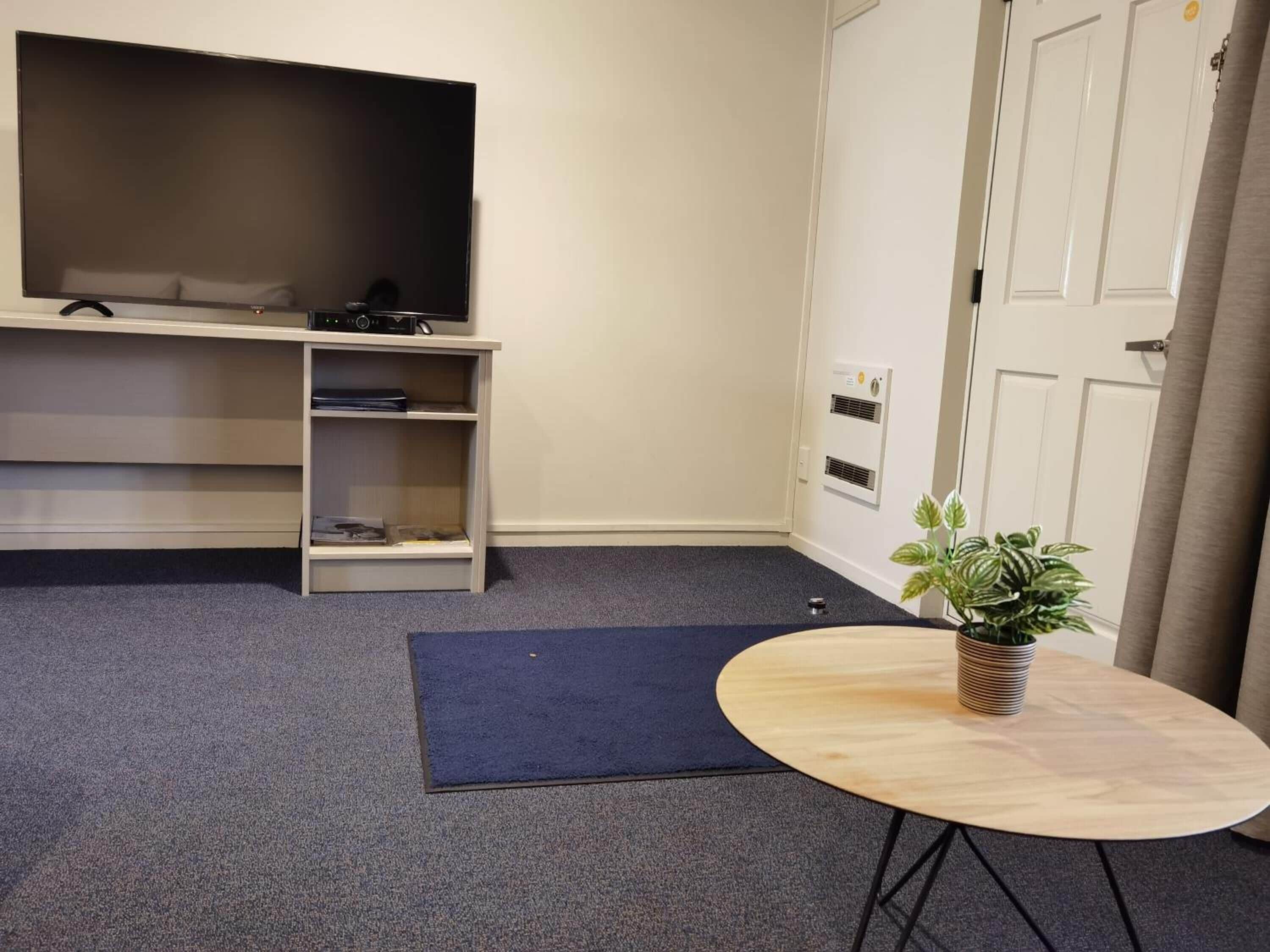 Quarto com televisão de tela plana em um suporte, uma mesinha redonda com uma planta, um tapete azul e uma porta branca com aberturas.