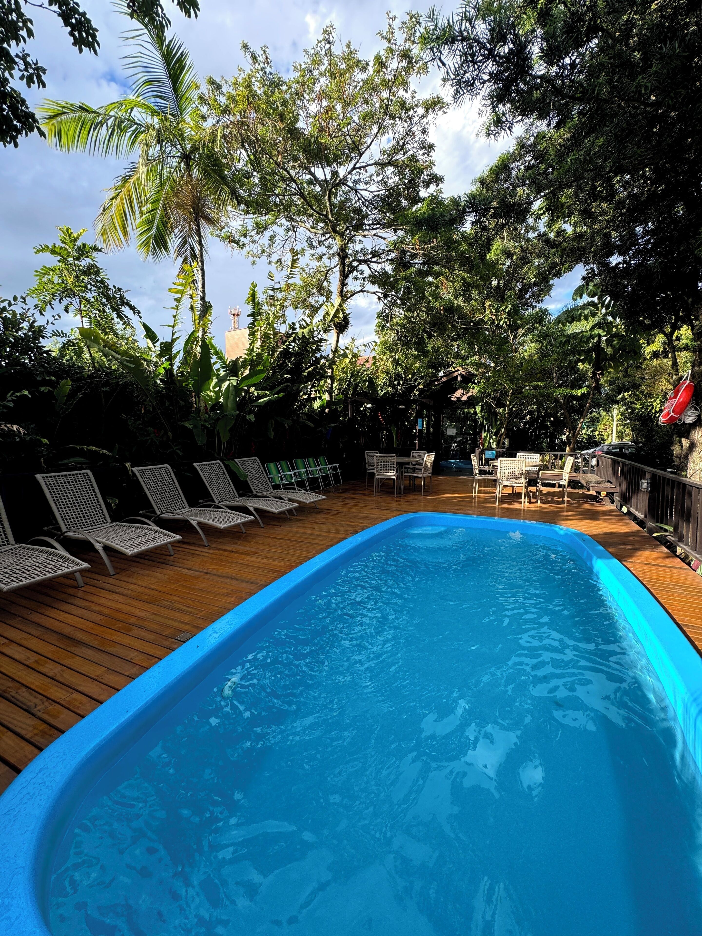 A swimming pool with lounge chairs and a wooden deck, surrounded by lush greenery and trees.