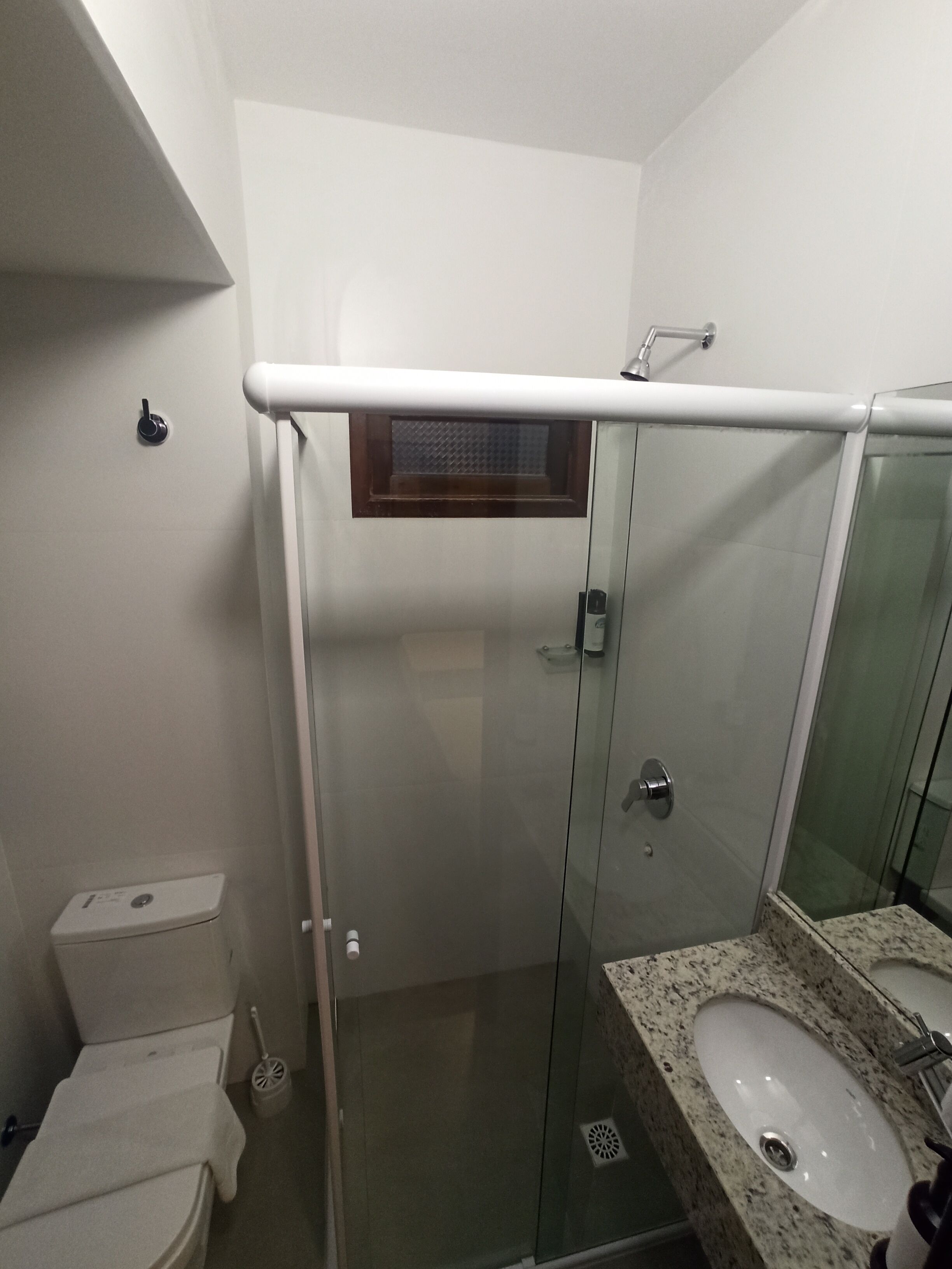 Un baño con ducha de vidrio, inodoro y lavamanos con encimera de mármol.