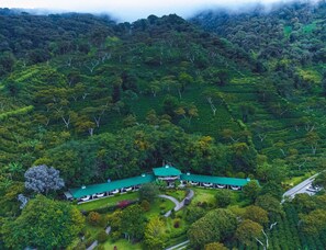 An aerial view of a resort with a green-roofed building surrounded by lush greenery and terraced gardens. - Hotel Finca Lerida (Los Naranjos)