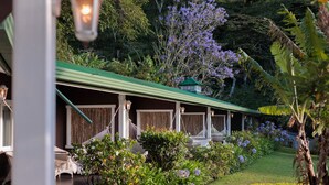 A building with a green roof, white railings, and multiple hammocks. - Hotel Finca Lerida (Los Naranjos)
