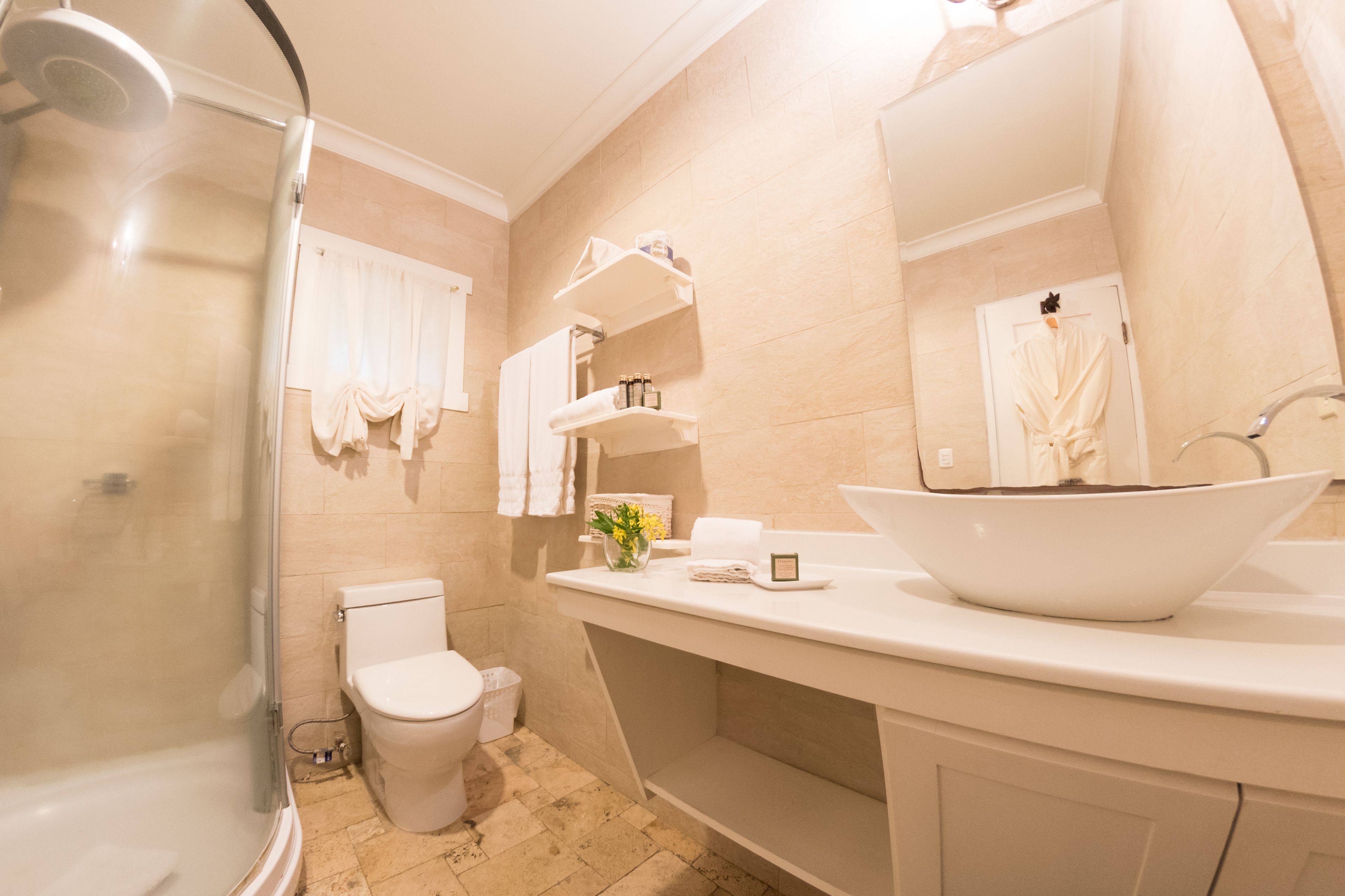 A bathroom with a glass-enclosed shower, a toilet, a sink with a large mirror, and shelves with toiletries.