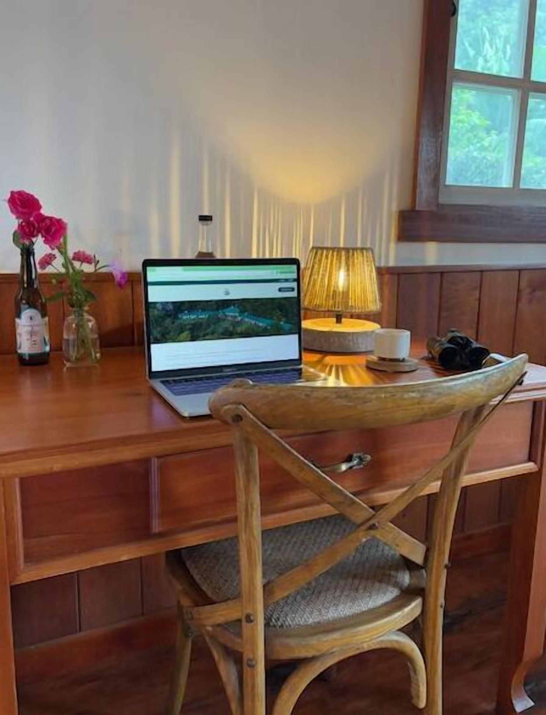 Uma mesa de madeira com um laptop, uma lâmpada e dois vasos com flores.