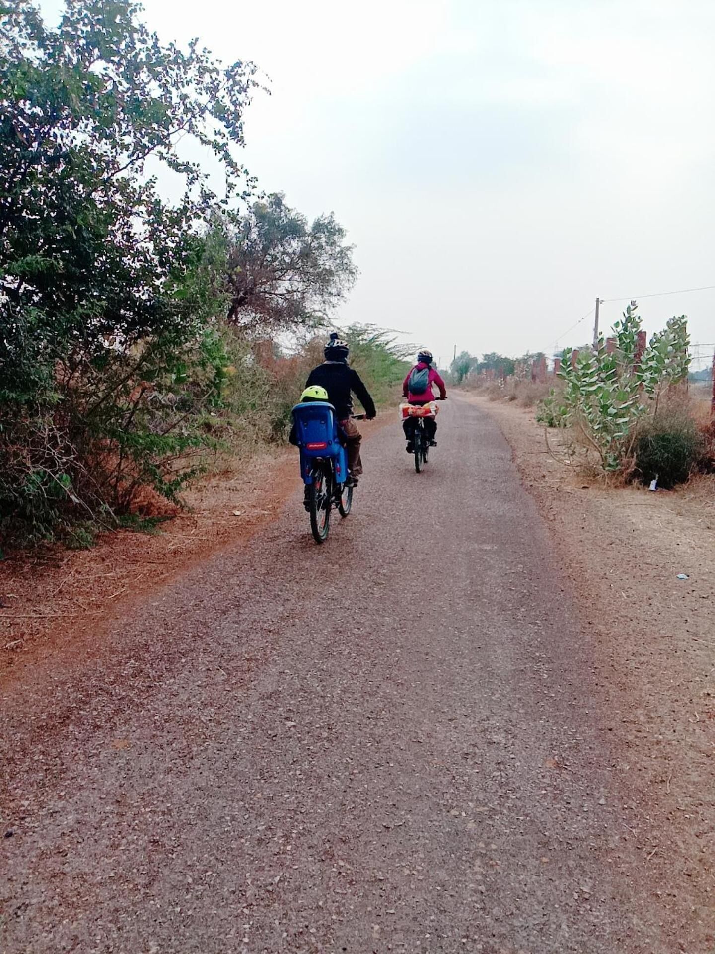 Two cyclists on a rural road with vegetation on the sides.