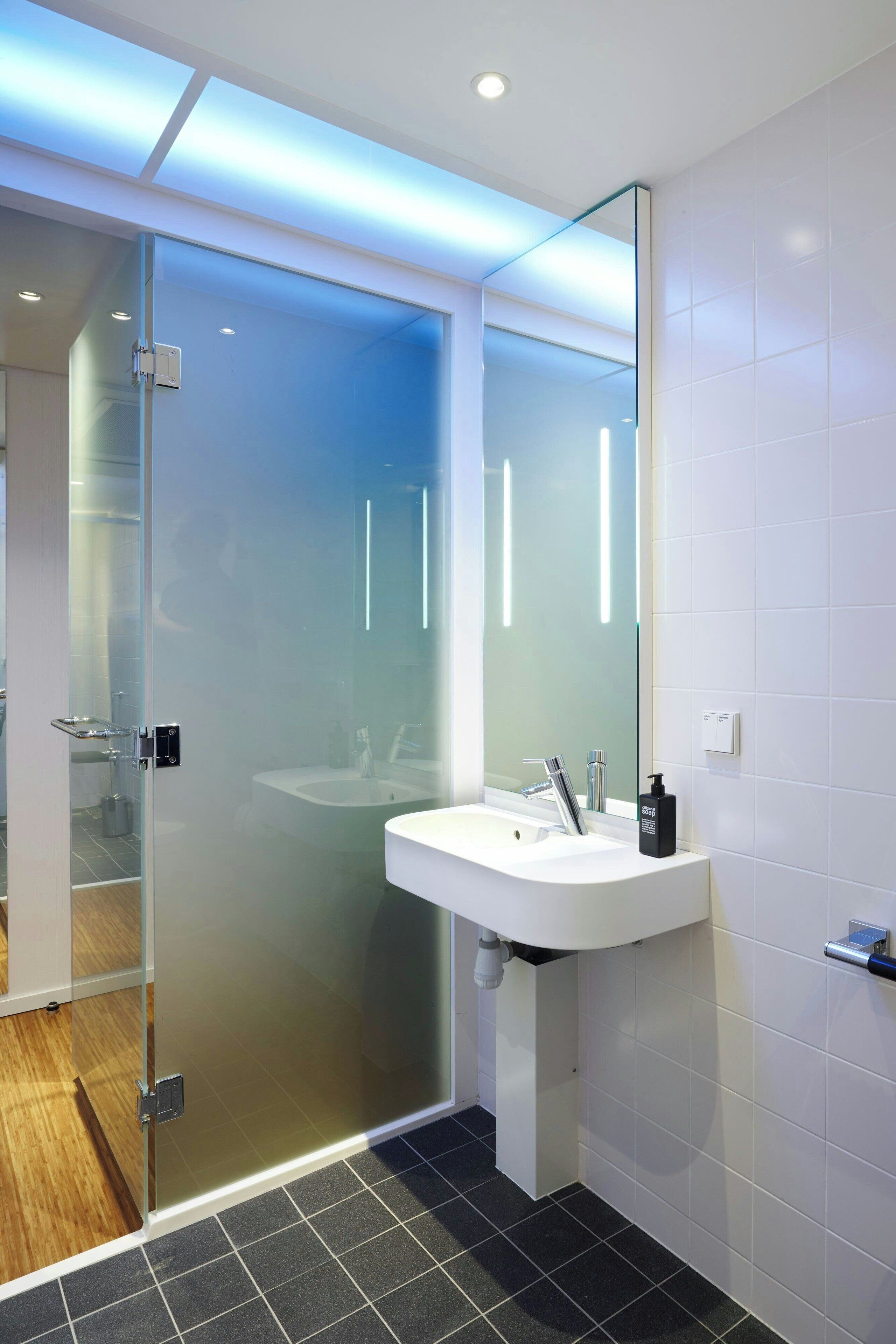 A modern bathroom with a glass shower enclosure, a white sink, and a large mirror.