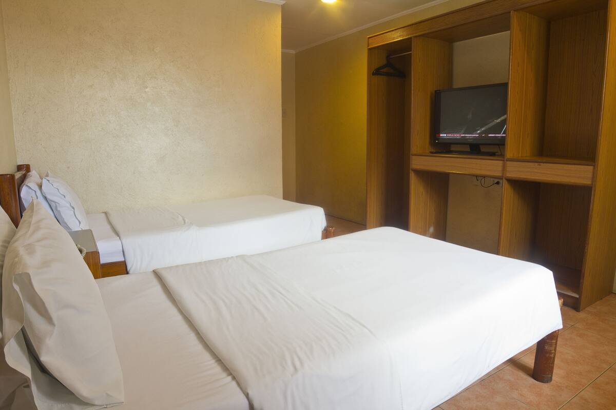 A hotel room with two single beds, a wooden wardrobe, and a television on a shelf.